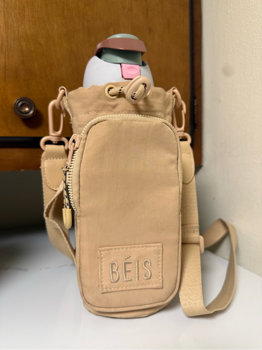 BEIS Neutral Beige Crossbody Bottle Sling with Adjustable Strap - Picture 3 of 6